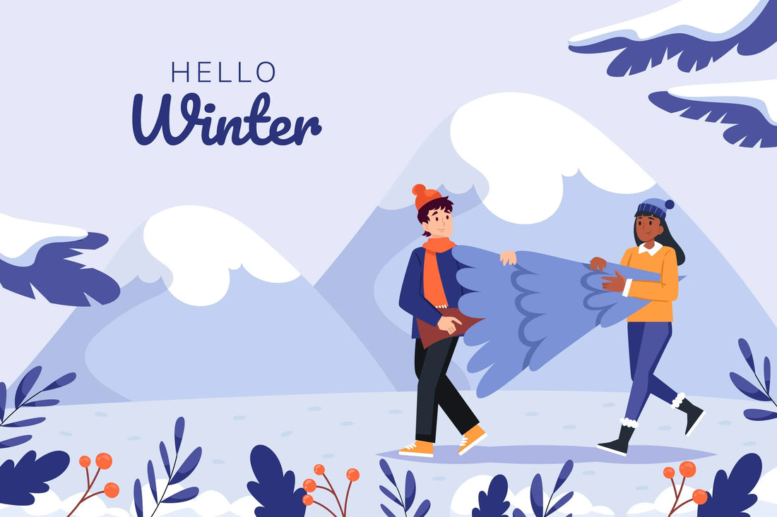 Two people carrying a winter tree in snowy landscape with Hello Winter text, colorful illustration.