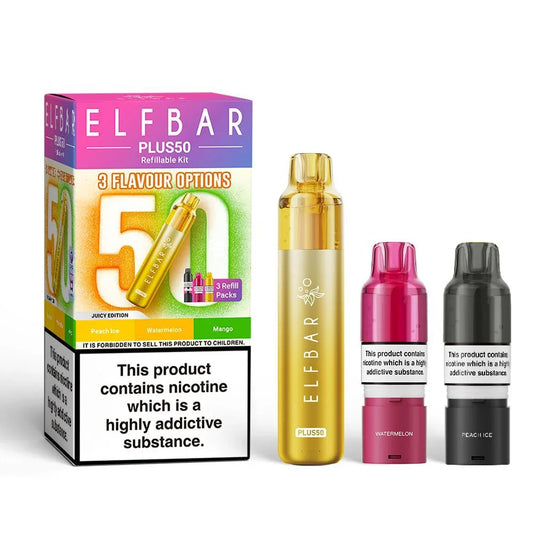 ELFBAR PLUS50 refillable vape kit with juice edition packaging and three vape flavour pods, UK vape wholesale.