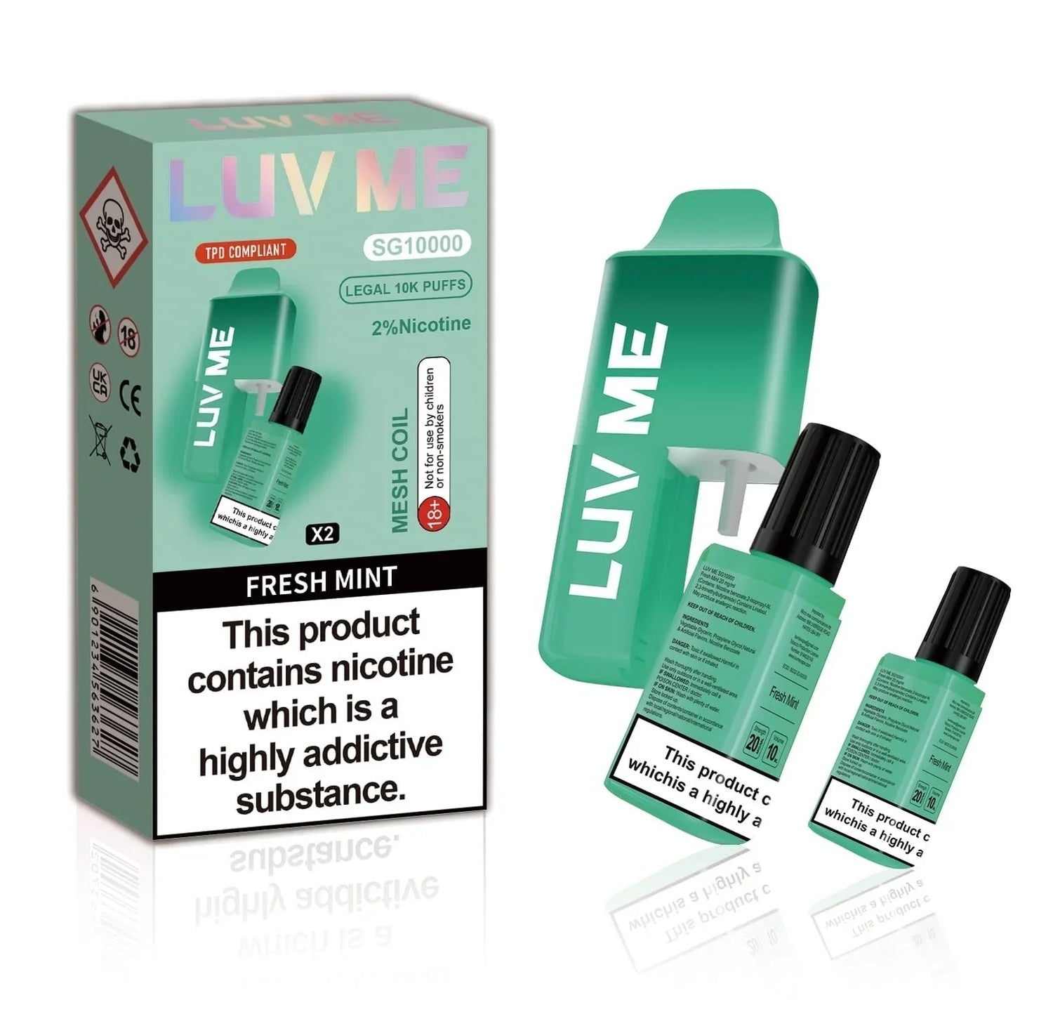 LUV ME Fresh Mint disposable vape kit and bottles, green packaging, nicotine warning, UK vape shop