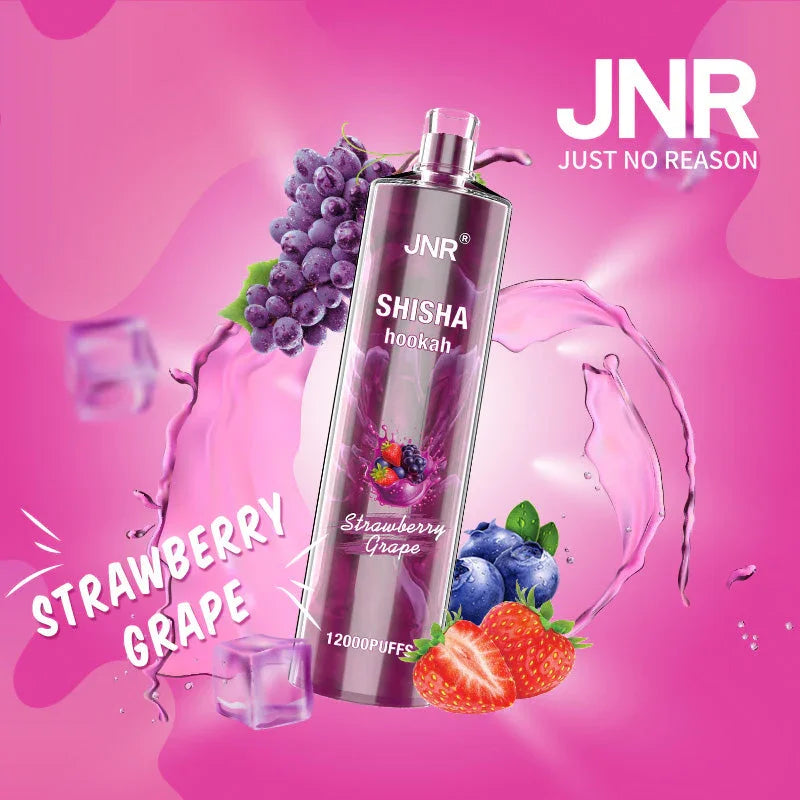 JNR Shisha hookah vape in strawberry grape flavor with berries, grapes, and ice on pink background.