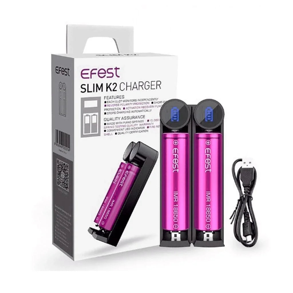 Efest Slim K2 vape battery charger kit with two IMR 18650 batteries and USB cable