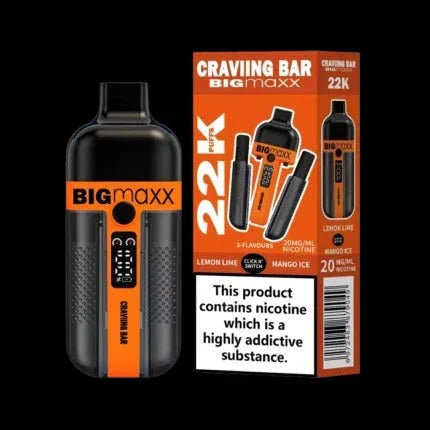 Craving Bar BIGmaxx 22K disposable vape pod kit with mango ice and lemon lime flavors, product packaging.
