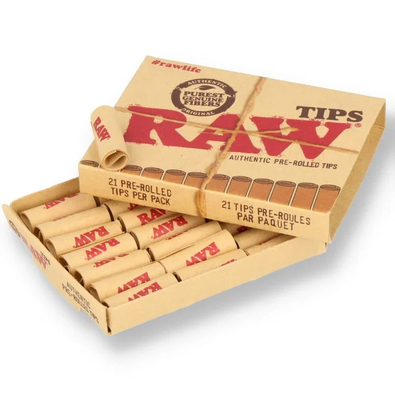 Box of RAW pre-rolled filter tips for rolling, displayed open with tips visible, vape accessory