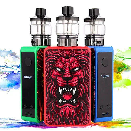 Colorful vape mods with digital displays and lion design, featured by UK's leading vape store