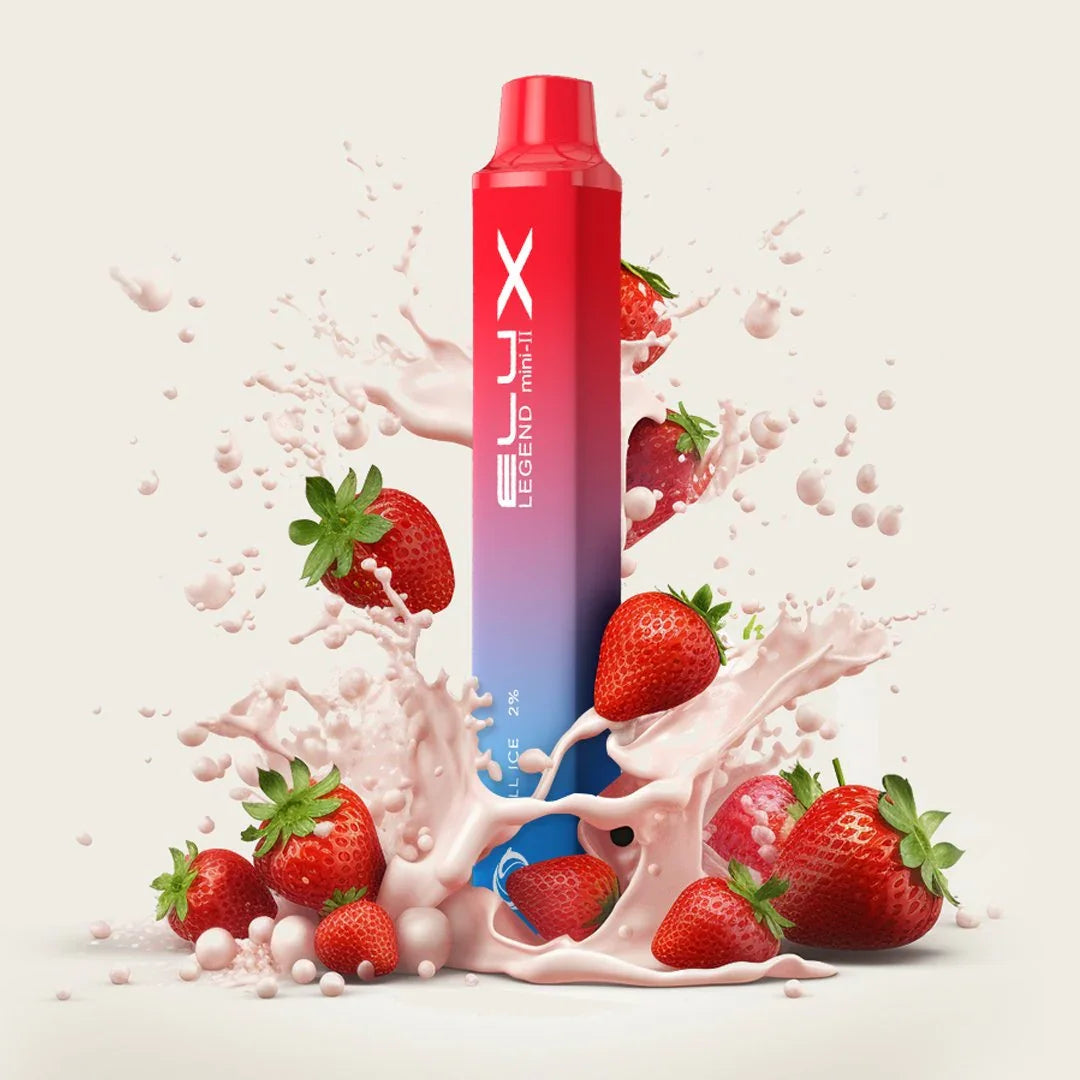 Strawberry vape device with milk splash and fresh strawberries, vapeswholesale UK product image.