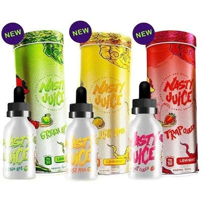 Nasty Juice vape juice bottles and packaging, UK vape store, Green Ape, Cush Man, Trap Queen flavors
