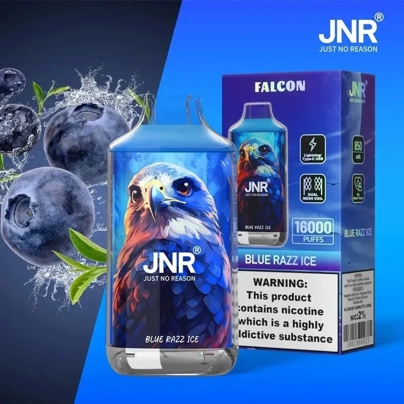 JNR Falcon Blue Razz Ice vape with falcon design, blueberries, and retail packaging, vapeswholesale UK