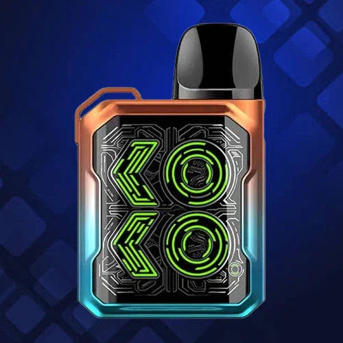 Neon green XOXO pod vape device with black mouthpiece, on a blue geometric background, vapeswholesale UK.