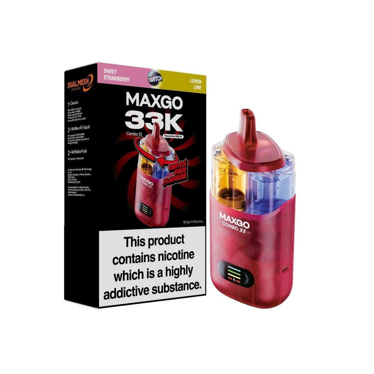 RELX MaxGo Combo 33 vape device and packaging, sweet strawberry lemon lime flavors, UK vape store