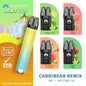Hayati Remix 2400 Caribbean Remix vape kit with four pod flavors: lemon & lime, fizzy guava, watermelon rainbow, cherry lime. UK TPD compliant vape product.