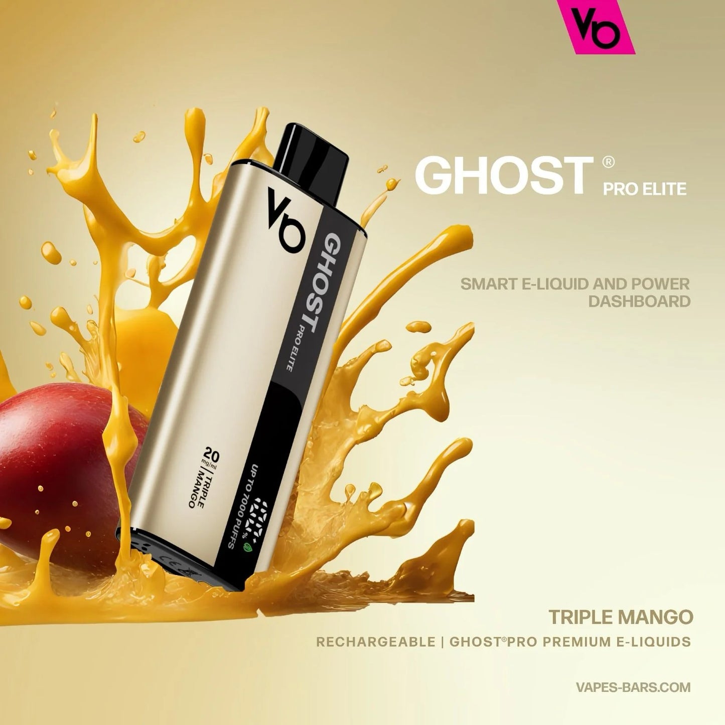 Ghost Pro Elite vape device with splashing liquid and mango